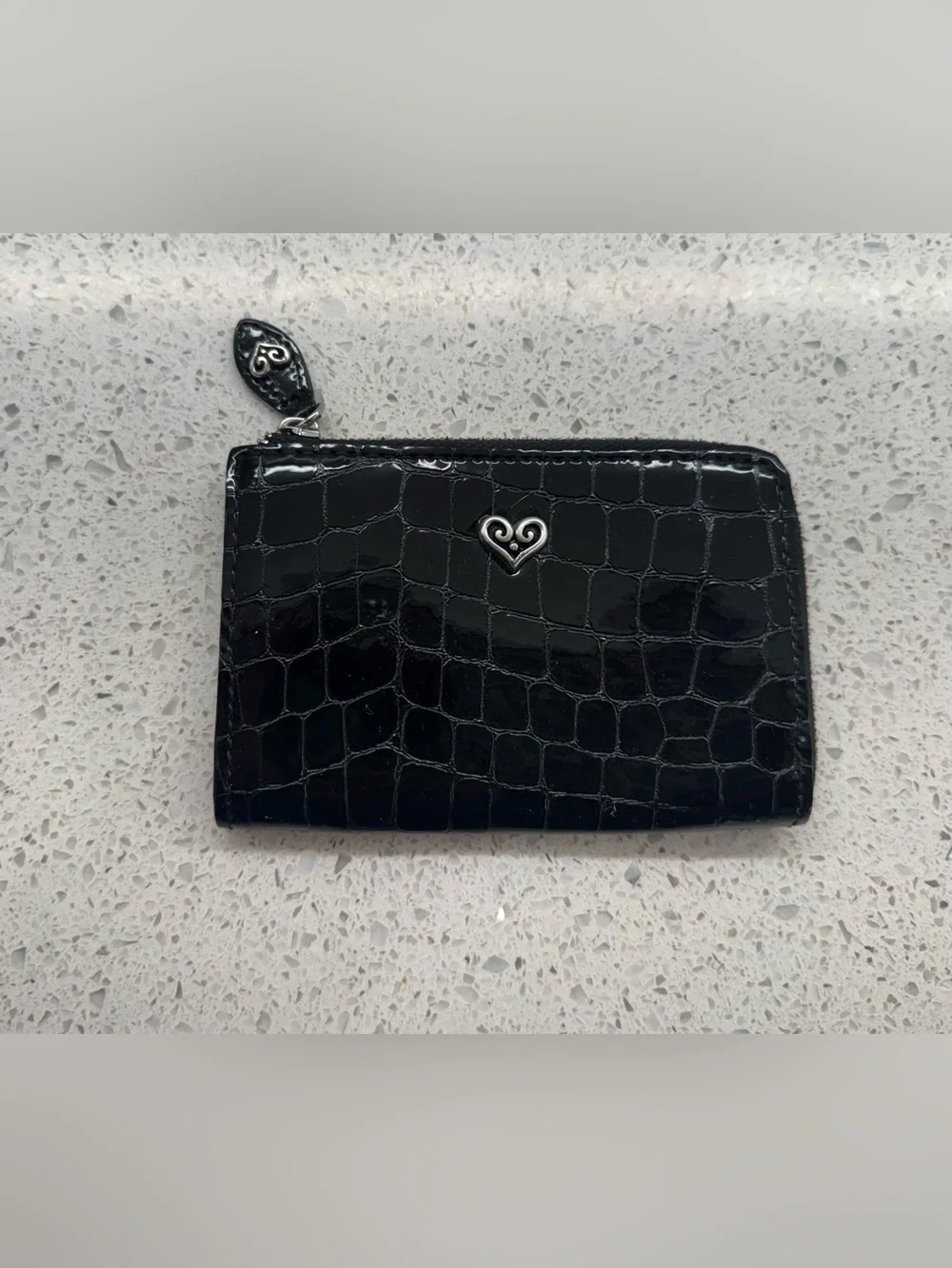 Brighton Black Croc Patent Zip Key Chain/Card Wallet with Heart zipper pull